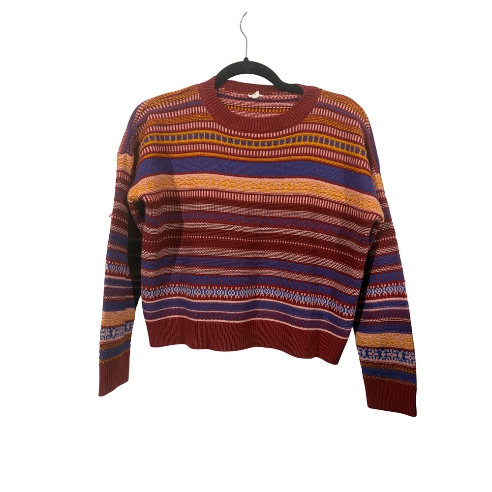 Garage Womens Fair Isle Striped‎ Sweater Rust Red Blue Multi Color Knit Size M